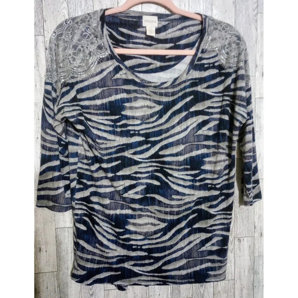 Chico's Shirt Gray Blue Top Casual Stretch Zebra 3/4 Sleeve Size 0 (Small/4) - Picture 1 of 5